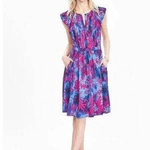 Banana Republic Hot pink and blue floral flutter sleeve dress